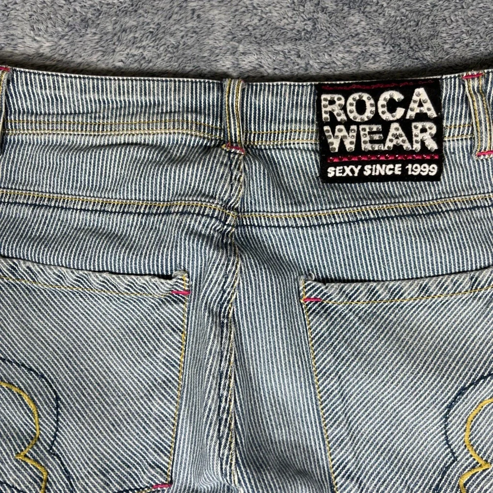 Vintage Rocawear‎ Pinstripe Paint Splatter Flare Jeans Blue White Juniors Size 9
